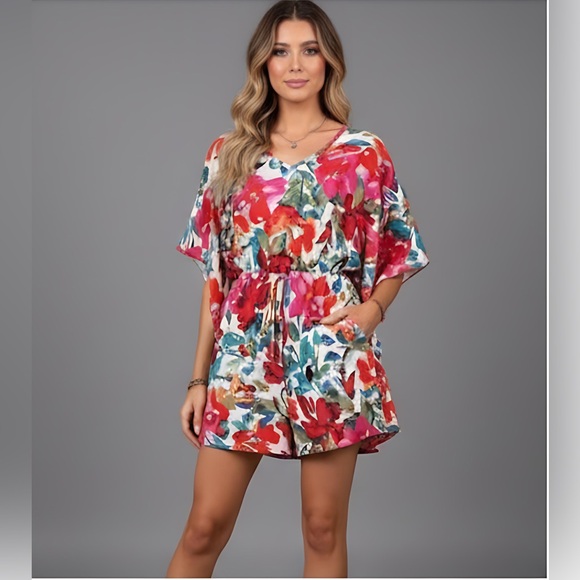 Boho Floral Print Batwing Sleeve Romper - Picture 1 of 8